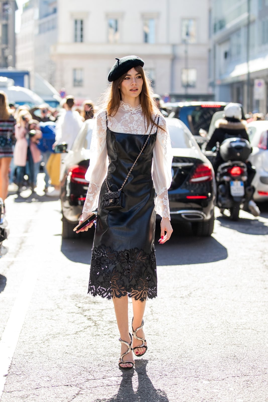 Sparkly Beret with a Lace-Trimmed Slip Dress — Trendy Beret Outfits