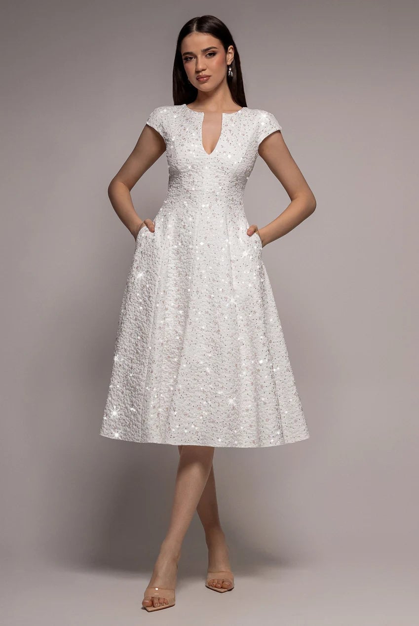 White Sequined Fit-And-Flare Midi Dress White Sequined Fit-And-Flare Midi Dress — Trendy Birthday Dresses Outfit