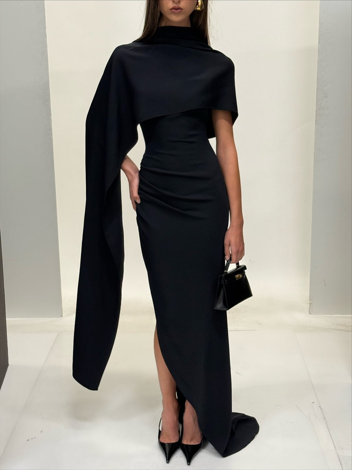 Black Crepe Dress with Sculptural Overlay Black Crepe Dress with Sculptural Overlay — Trendy Birthday Dresses Outfit