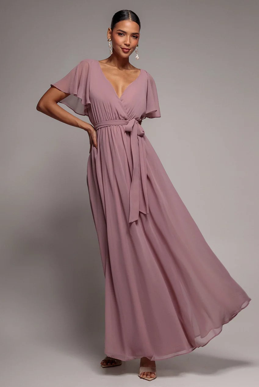 Mauve Chiffon Wrap Maxi Dress with Flutter Sleeves Mauve Chiffon Wrap Maxi Dress with Flutter Sleeves — Trendy Birthday Dresses Outfit