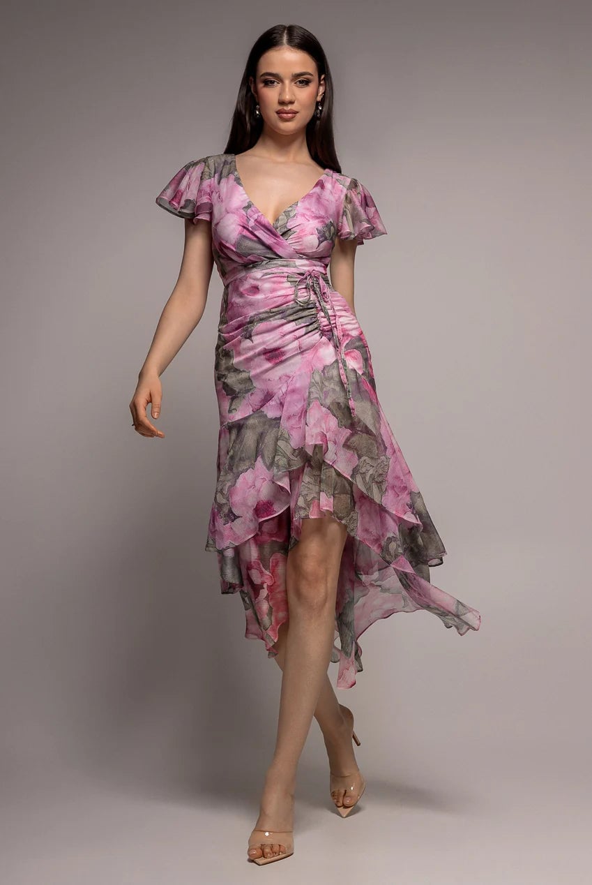 Floral Print Chiffon Wrap Dress with High-Low Hem Floral Print Chiffon Wrap Dress with High-Low Hem — Trendy Birthday Dresses Outfit