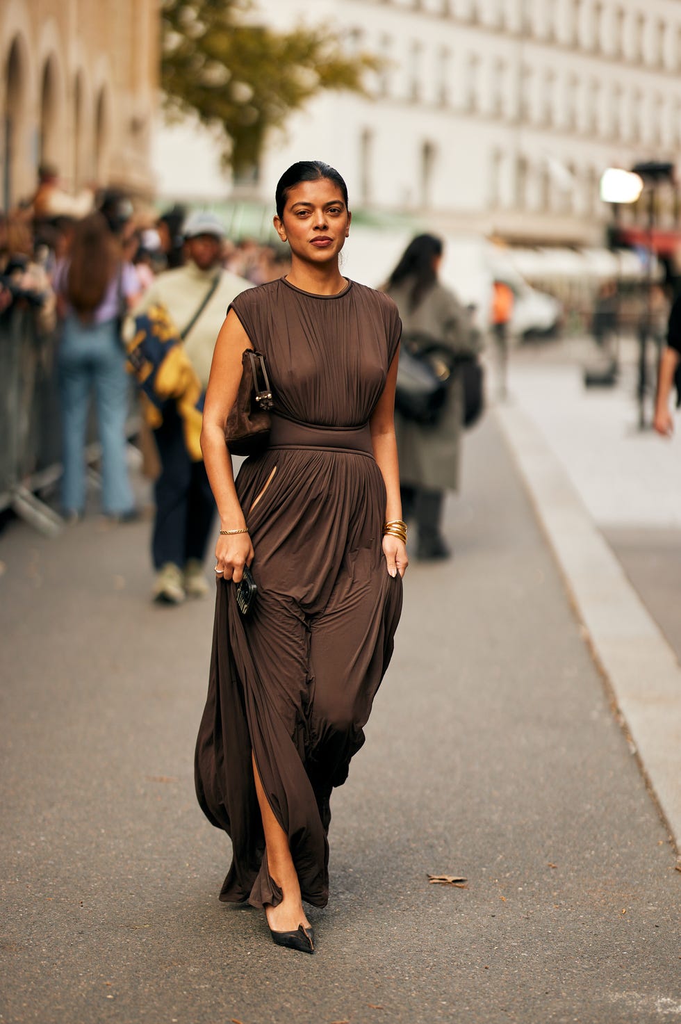 Brown Draped Column Maxi Dress with High Slit Brown Draped Column Maxi Dress with High Slit — Trendy Birthday Dresses Outfit