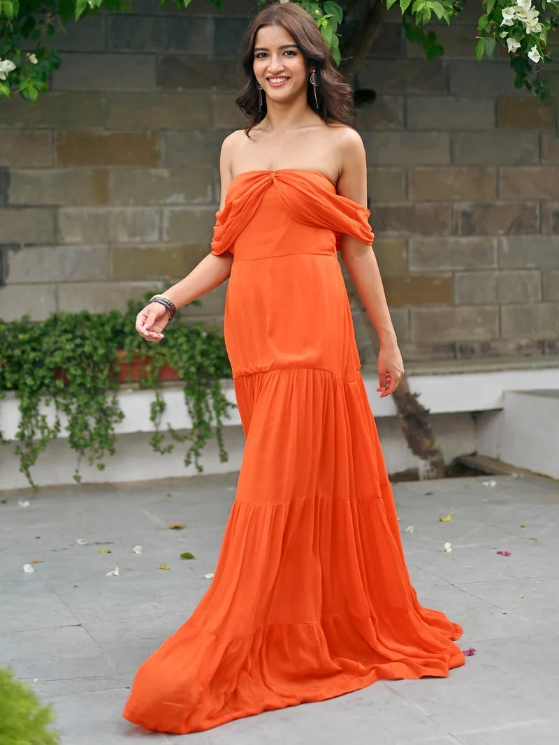 Orange Tiered Chiffon Maxi Dress Orange Tiered Chiffon Maxi Dress — Trendy Birthday Dresses Outfit