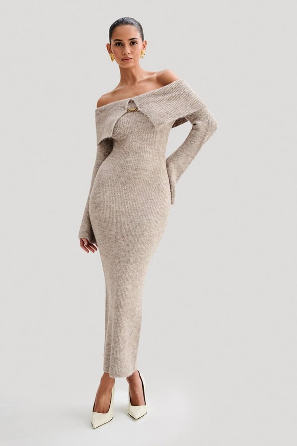 Beige Off-The-Shoulder Knit Dress with Ring Detail Beige Off-The-Shoulder Knit Dress with Ring Detail — Trendy Birthday Dresses Outfit