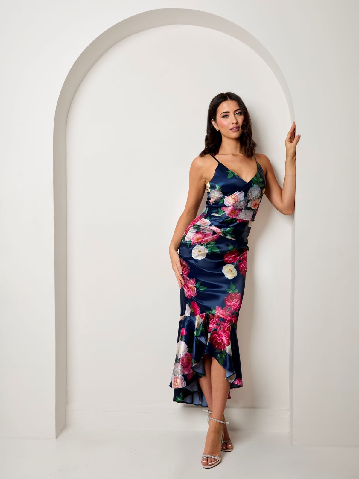 Navy Floral Print Satin Midi Dress with Ruffled Hem Navy Floral Print Satin Midi Dress with Ruffled Hem — Trendy Birthday Dresses Outfit