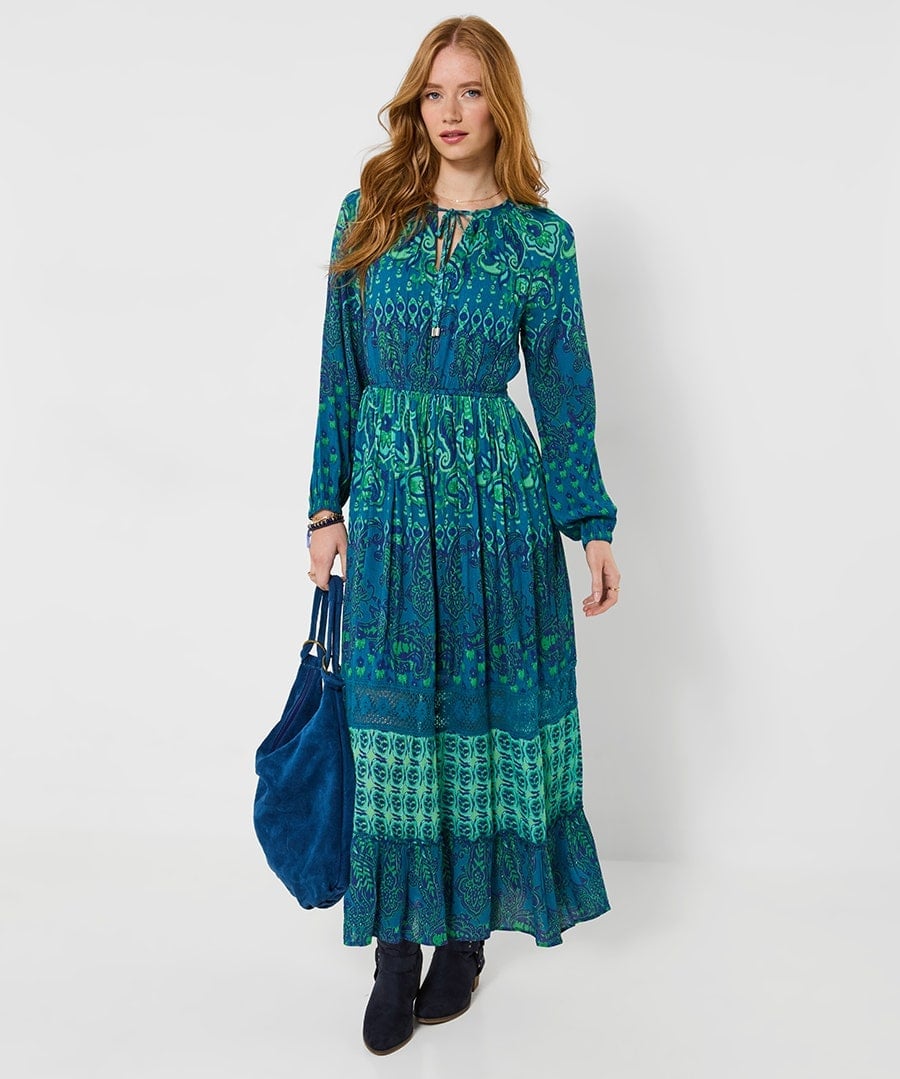 Blue Green Printed Viscose Maxi Dress with Tiered Skirt Blue Green Printed Viscose Maxi Dress with Tiered Skirt — Trendy Birthday Dresses Outfit