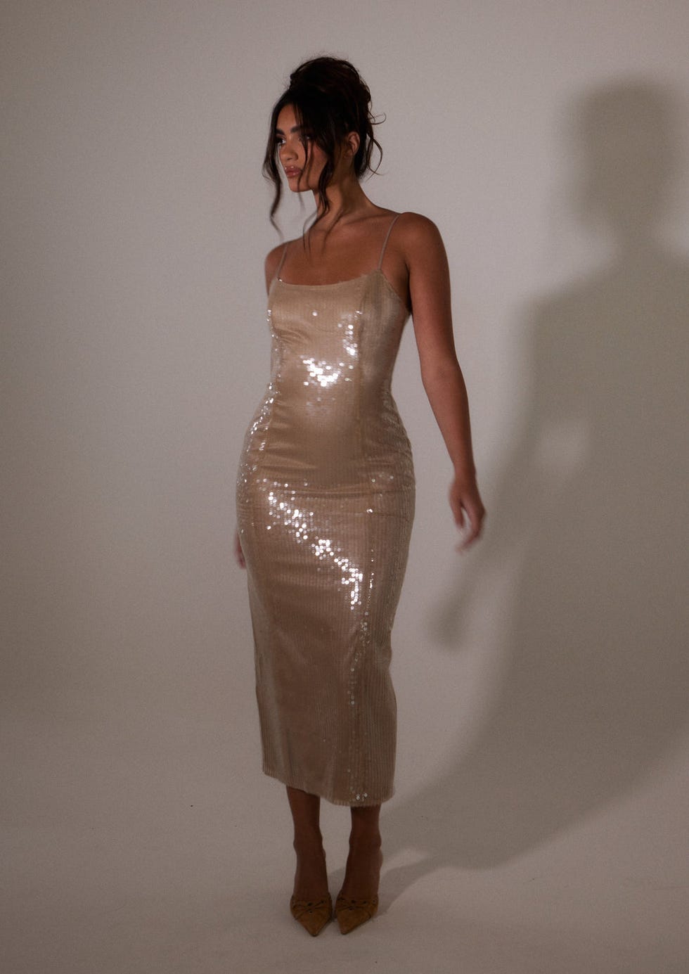 Champagne Sequin Spaghetti Strap Midi Dress Champagne Sequin Spaghetti Strap Midi Dress — Trendy Birthday Dresses Outfit