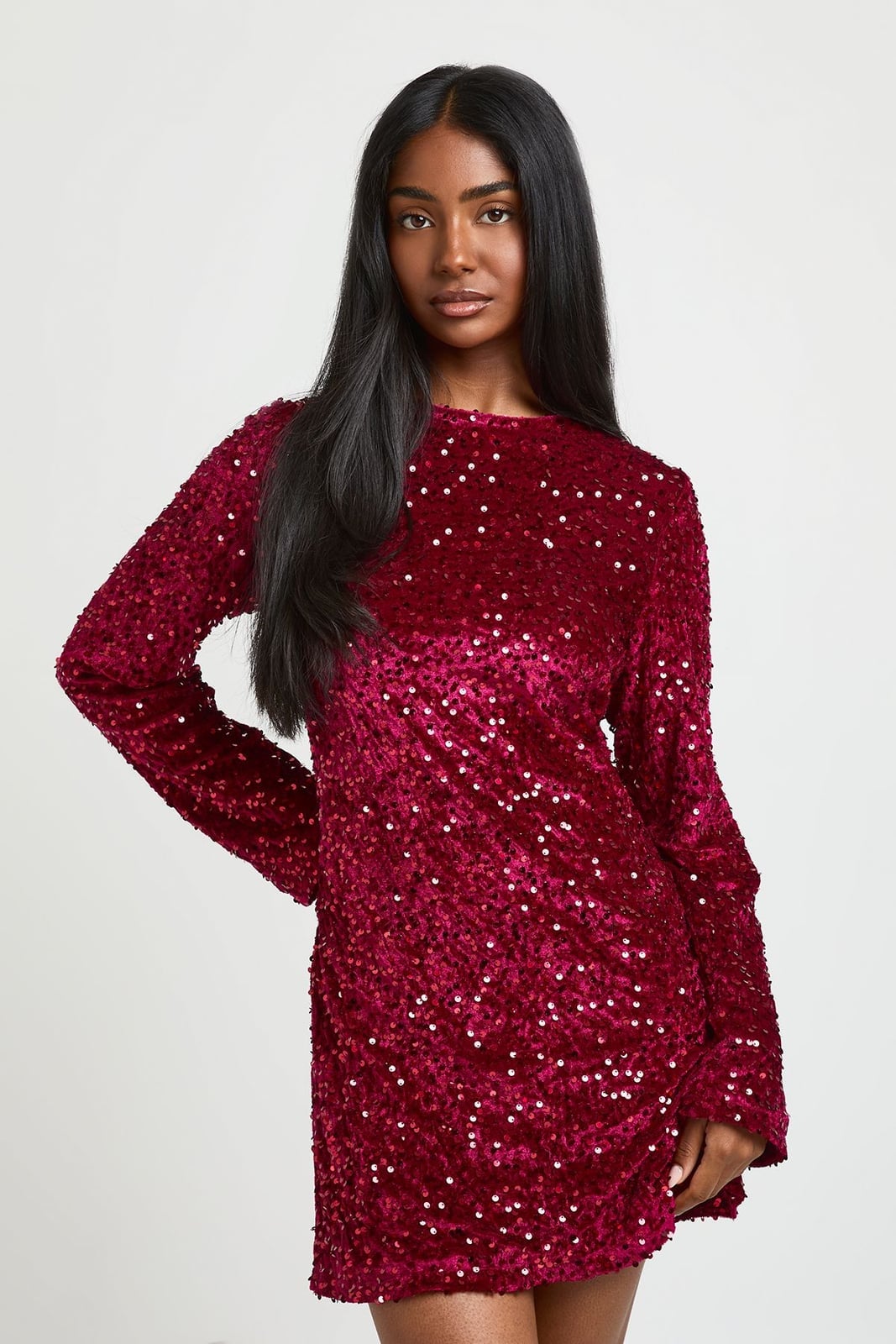 Red Long Sleeve Sequin Mini Dress Red Long Sleeve Sequin Mini Dress — Trendy Birthday Dresses Outfit
