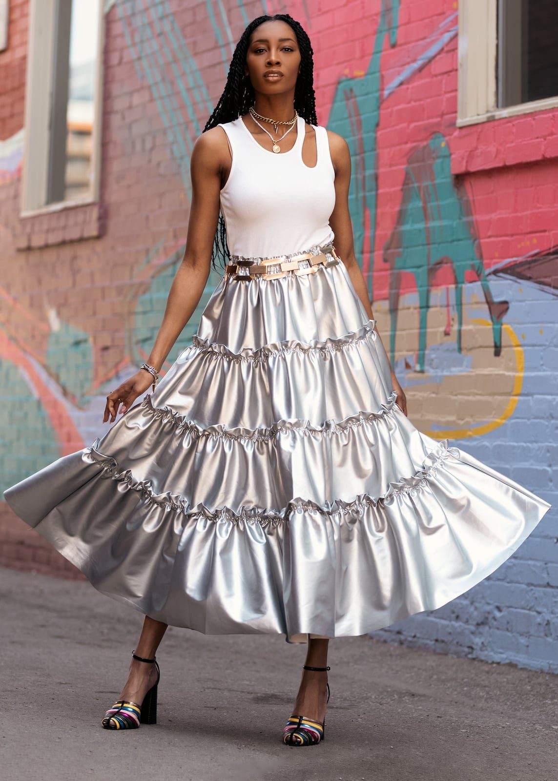 Silver Metallic Tiered Skirt with Cutout Tank Top for a Birthday — Trendy Birthday Outfits