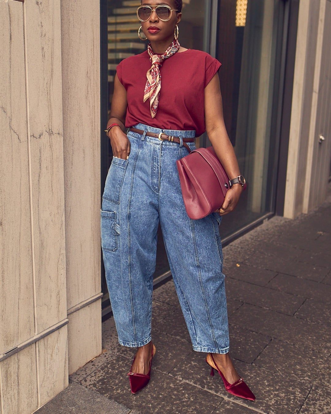 Baggy Blue Denim Jeans with a Red Cap Sleeve Top for a Birthday — Trendy Birthday Outfits