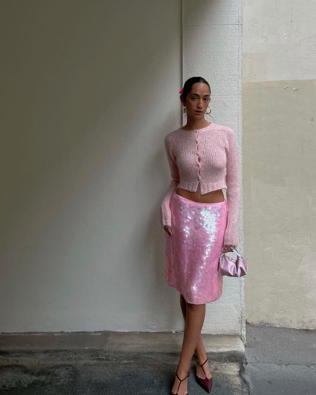 Pink Knit Cardigan and Sequin Pencil Skirt for a Birthday Party — Trendy Birthday Outfits