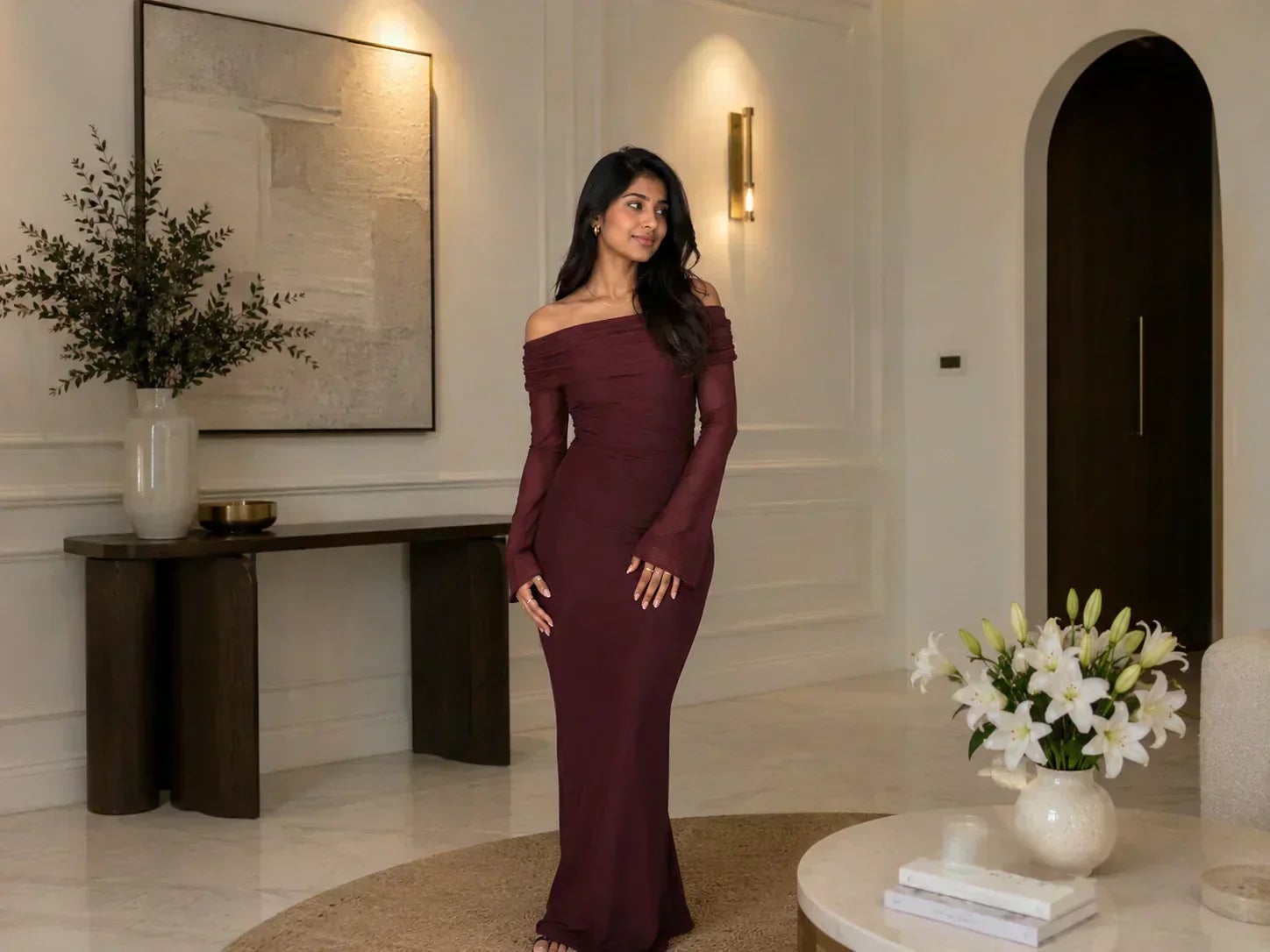 Deep Burgundy Off-The-Shoulder Maxi Dress for a Special Birthday — Trendy Birthday Outfits