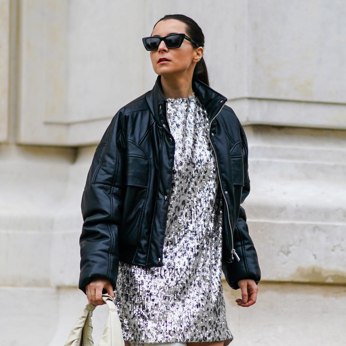 Silver Sequin Dress Under a Black Puffer Jacket for a Birthday Party — Trendy Birthday Outfits