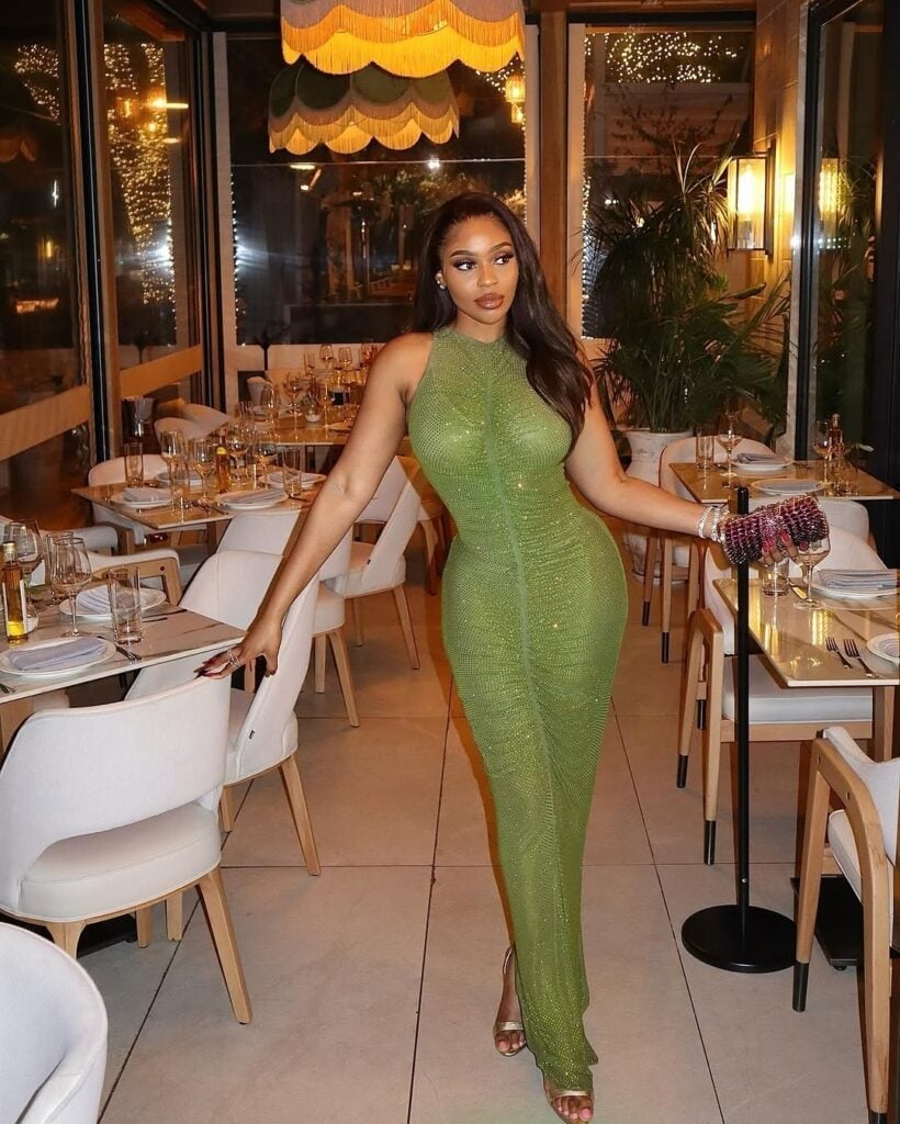 Floor-length Green Rhinestone Dress for a Dazzling Birthday Party — Trendy Birthday Outfits