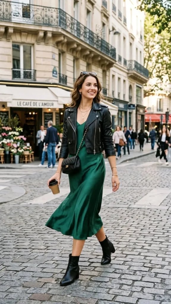 Emerald Green Satin Slip Dress with a Leather Jacket for a Cool — Trendy Birthday Outfits