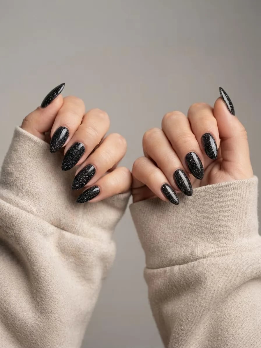 Dense Black Glitter Long Almond Nails — Trendy Black Almond Nails