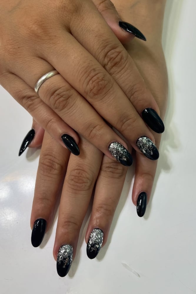 Textured Black and Silver Glitter Almond Nails — Trendy Black Almond Nails