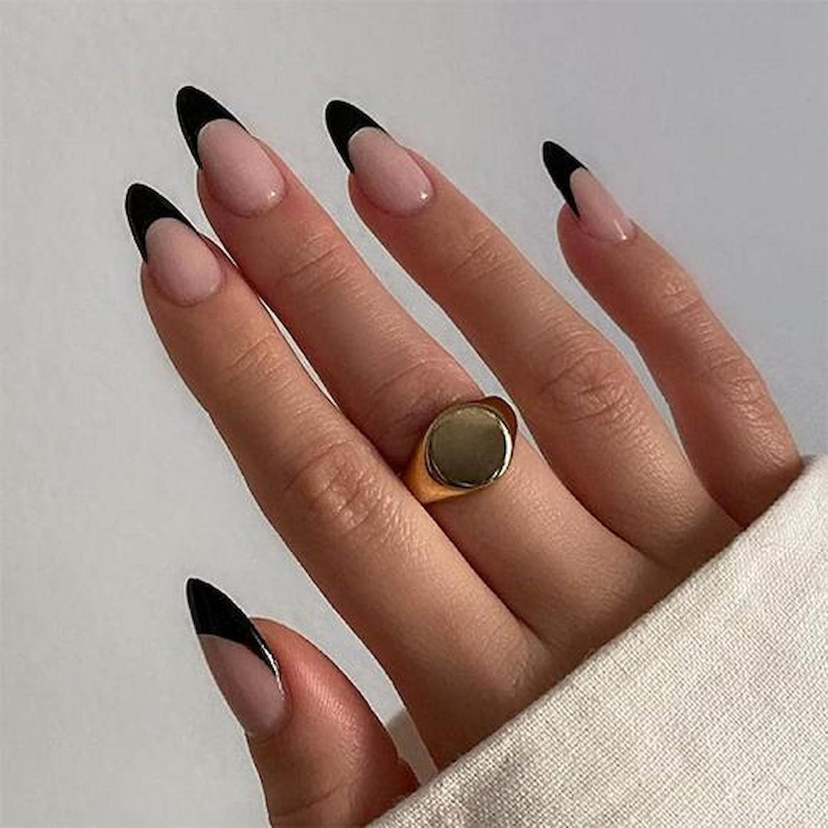 Classic Black French Tip Long Almond Nails — Trendy Black Almond Nails