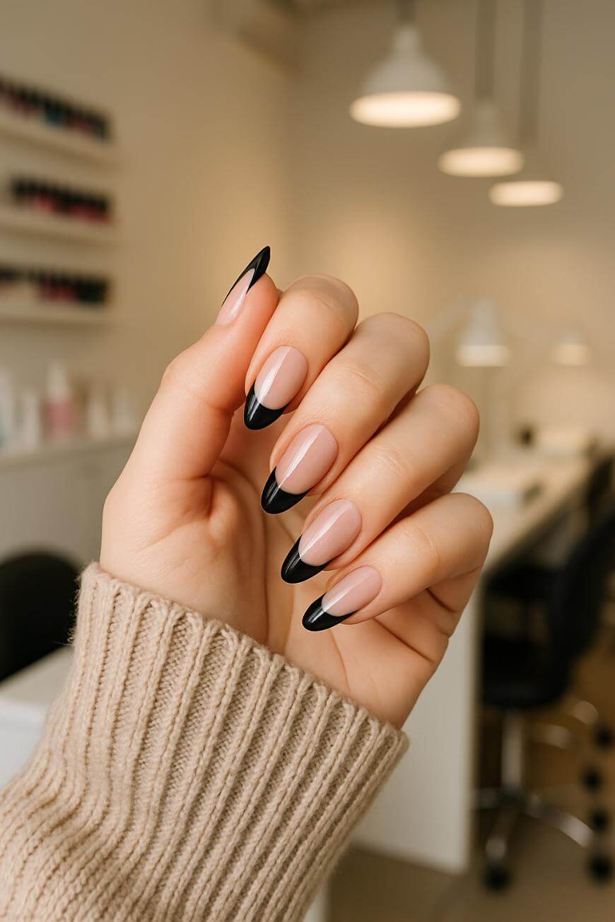 Glossy Black French Tip Sheer Nude Base — Trendy Black Almond Nails