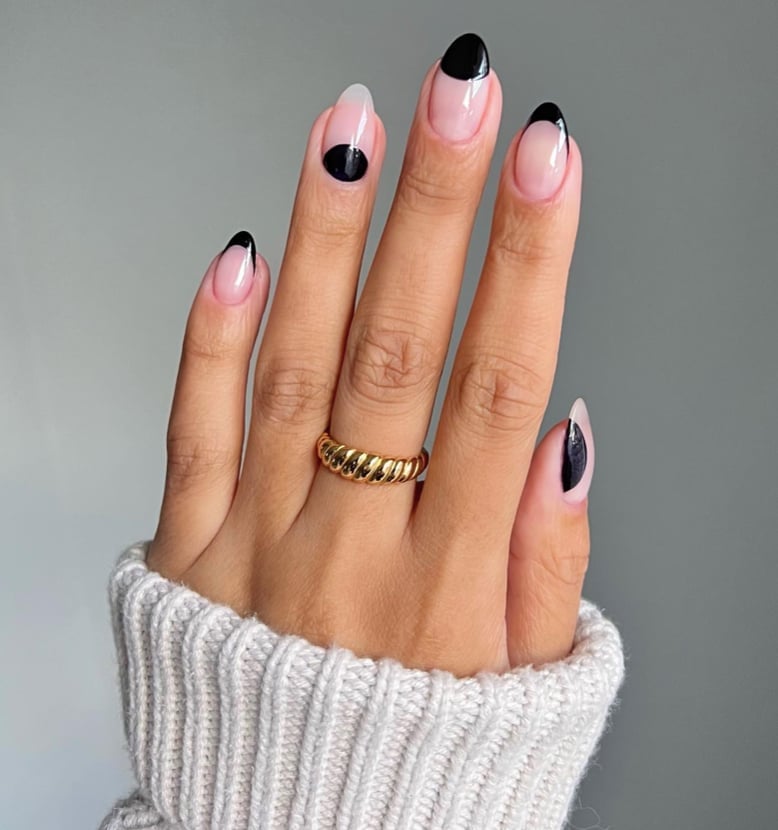 Sharp Black French Tip Medium Almond Nails — Trendy Black Almond Nails