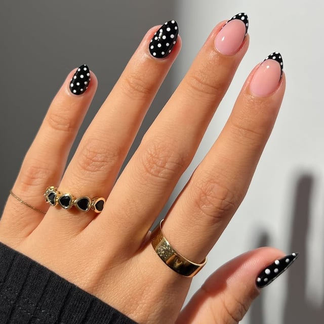 Black French Tips with Polka Dot Accents — Trendy Black Almond Nails