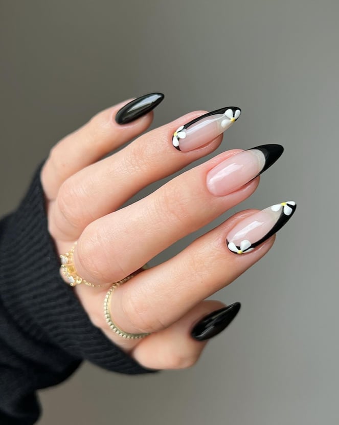 Floral French Tip Long Almond Nails, Glossy — Trendy Black Almond Nails