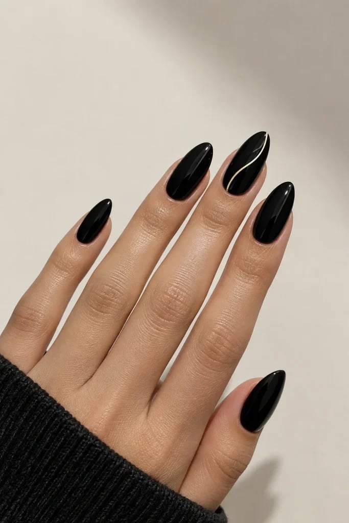 Gold Line Accent Medium Almond Nails — Trendy Black Almond Nails