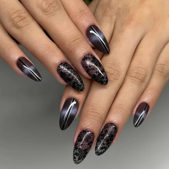 Velvet Finish Black Almond with Lace — Trendy Black Almond Nails