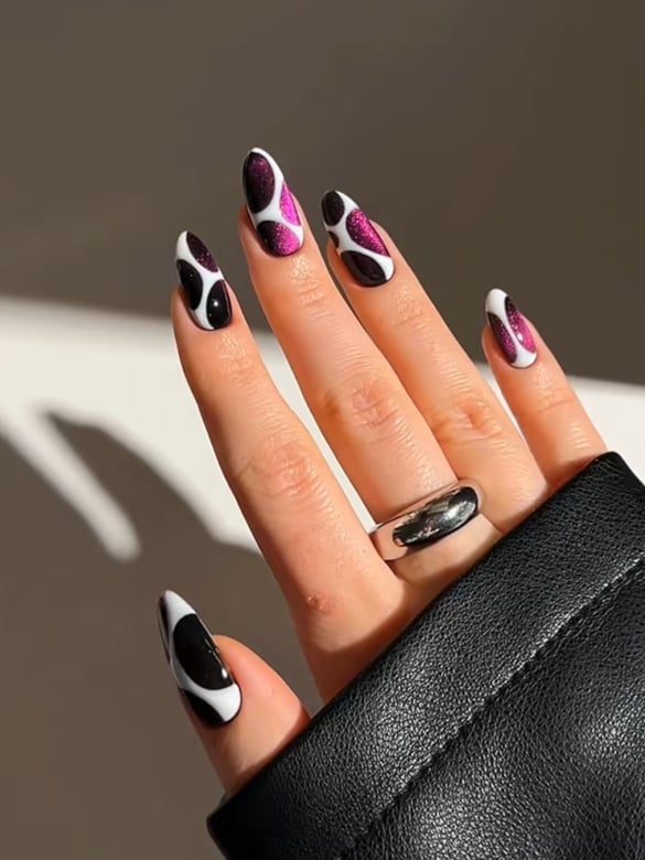 Abstract Black White Shapes Pink Glitter Almond — Trendy Black Almond Nails
