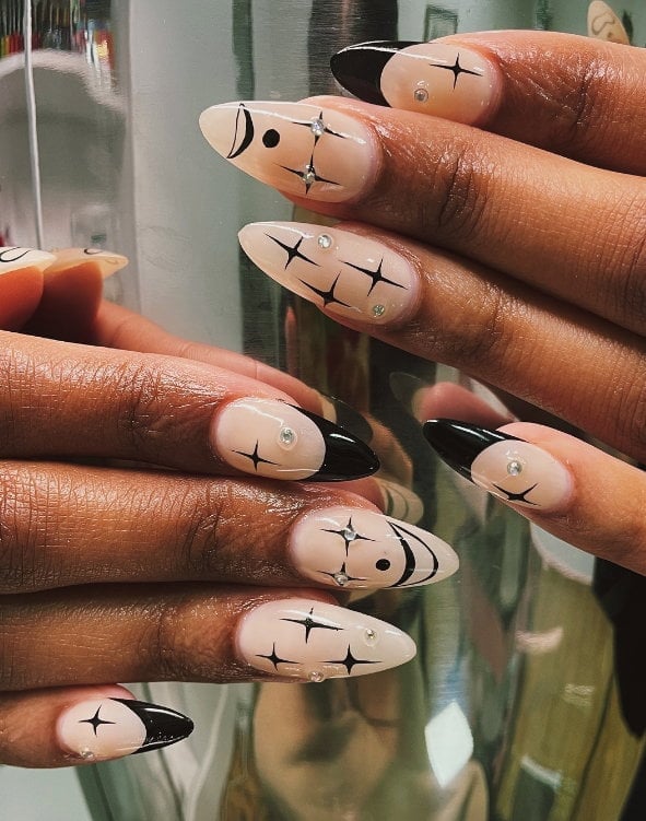 Celestial Line Art Black French Almond Nails — Trendy Black Almond Nails