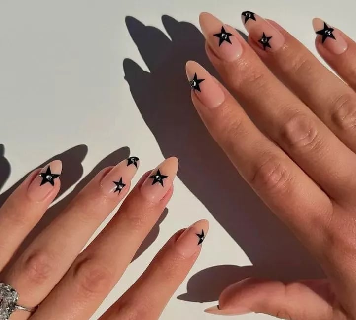Black Star Decals with Rhinestone Accents — Trendy Black Almond Nails