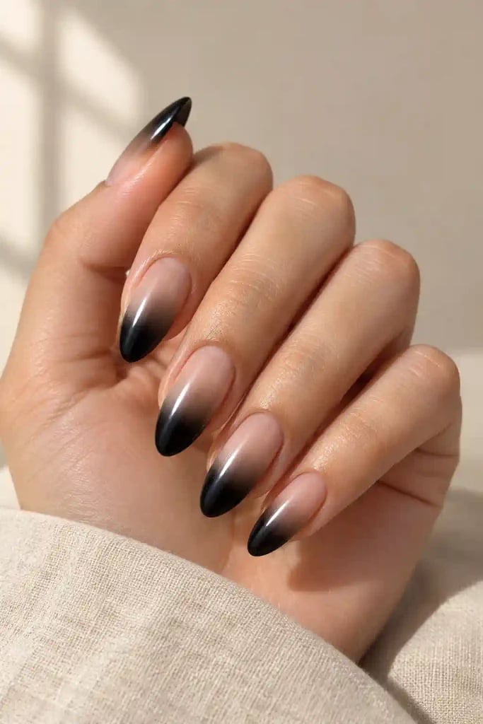 Black Nude Ombre Medium Almond Nails — Trendy Black Almond Nails