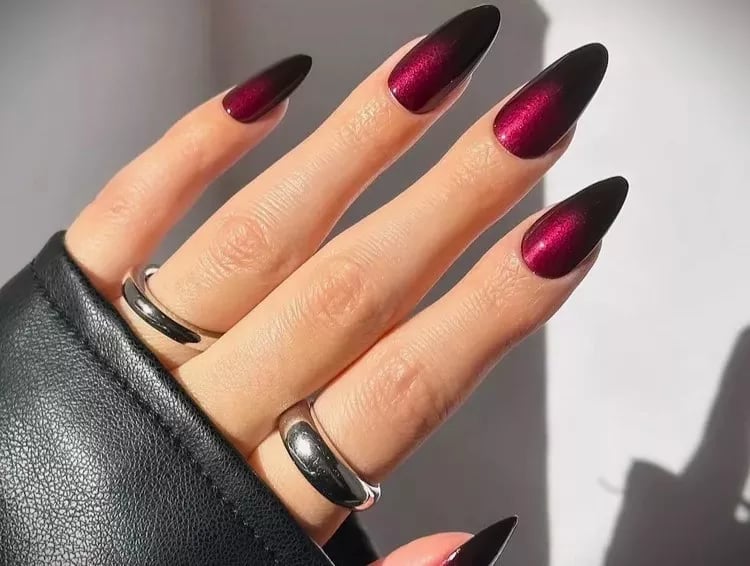 Black to Red Cat Eye Gradient Long Almond Nails — Trendy Black Almond Nails