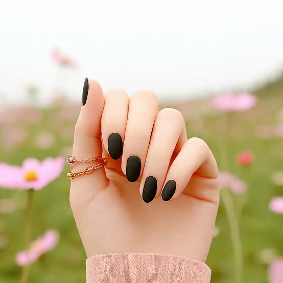 Opaque Matte Black Medium Almond Nails — Trendy Black Almond Nails