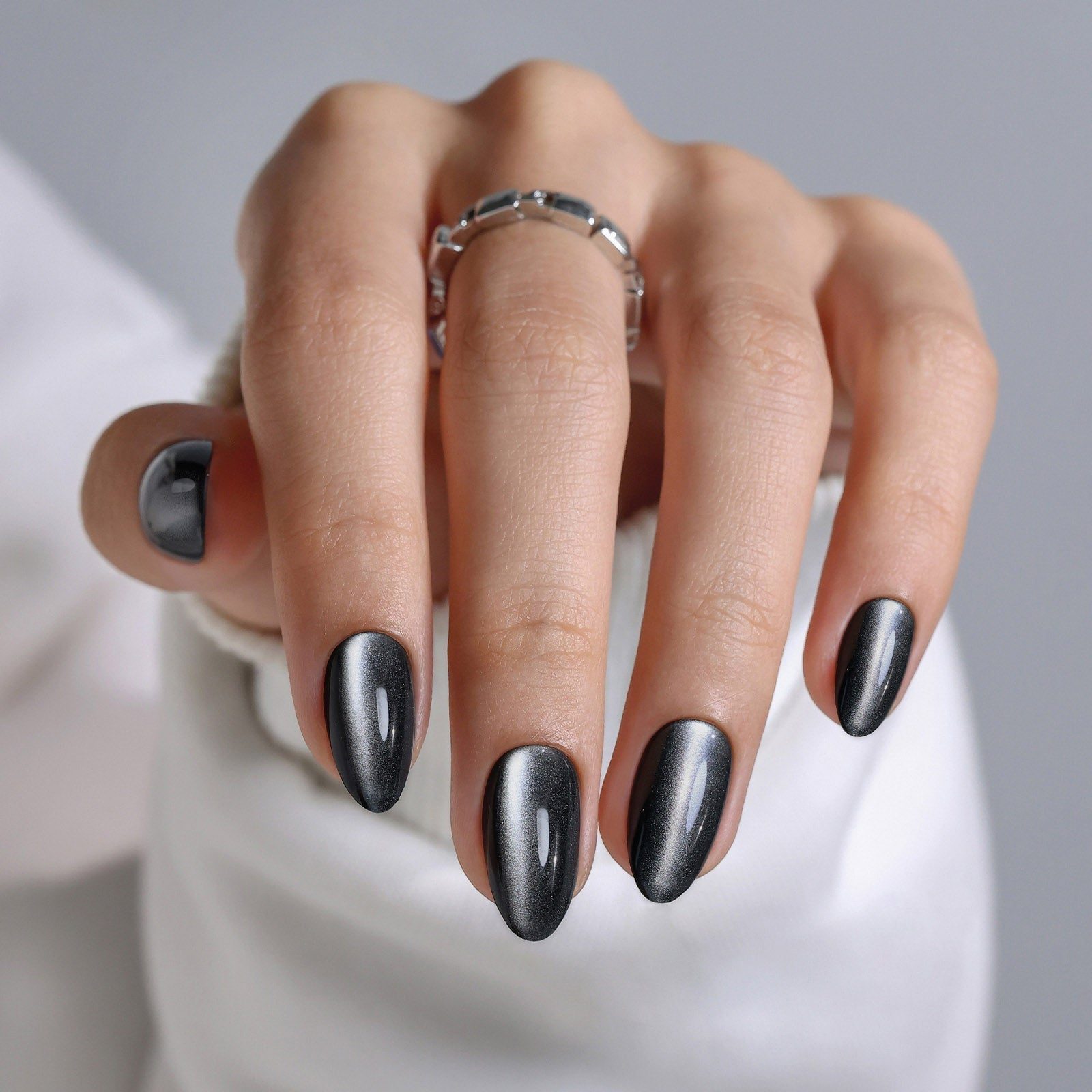 Silver Cat Eye Dark Grey Short Almond Nails — Trendy Black Almond Nails
