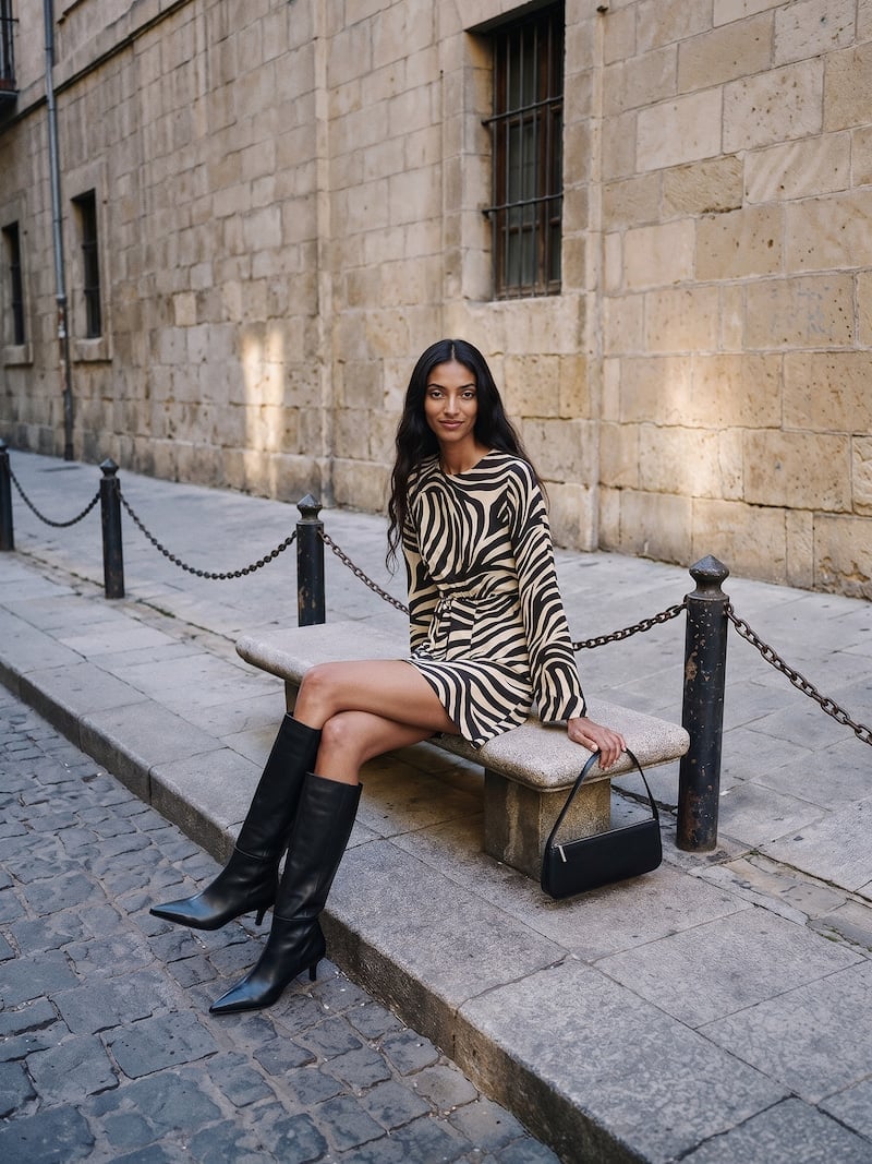 Zebra Print Mini Dress with Knee-High Boots — Trendy Black and White Outfits