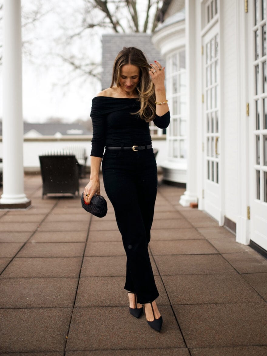 All-black Off-The-Shoulder Top and Wide-Leg Trousers, Close-Up Take — Trendy Black and White Outfits