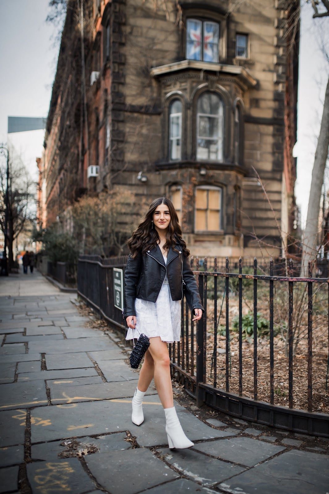 Black Leather Jacket Over White Mini Dress — Trendy Black and White Outfits