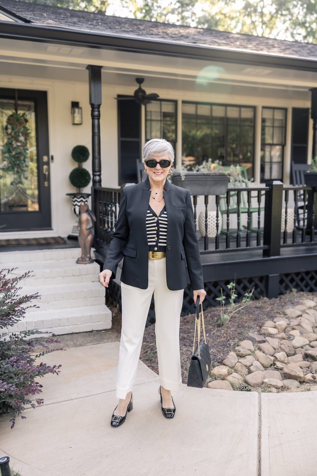 Black Blazer with Striped Top and White Trousers — Trendy Black and White Outfits