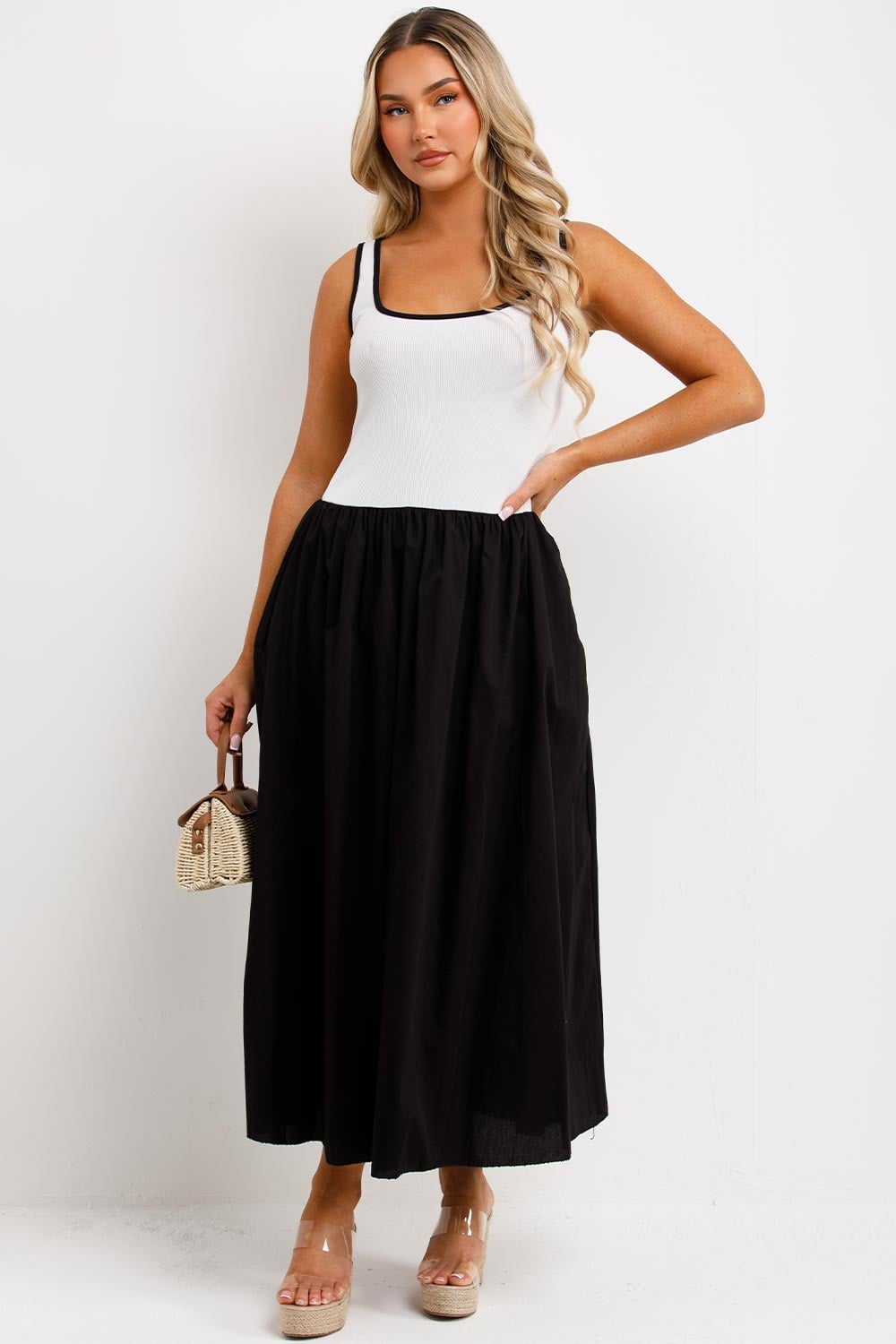 White Ribbed Tank with Black Maxi Skirt — Trendy Black and White Outfits