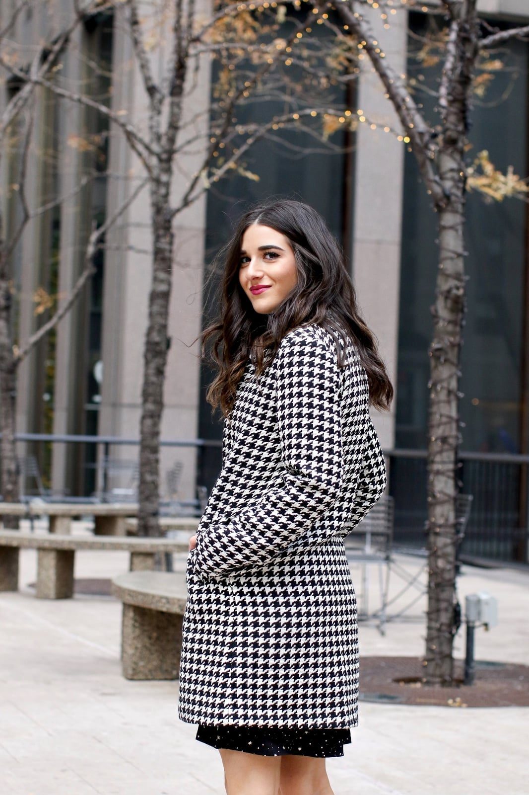 Houndstooth Coat Over Polka Dot Dress — Trendy Black and White Outfits