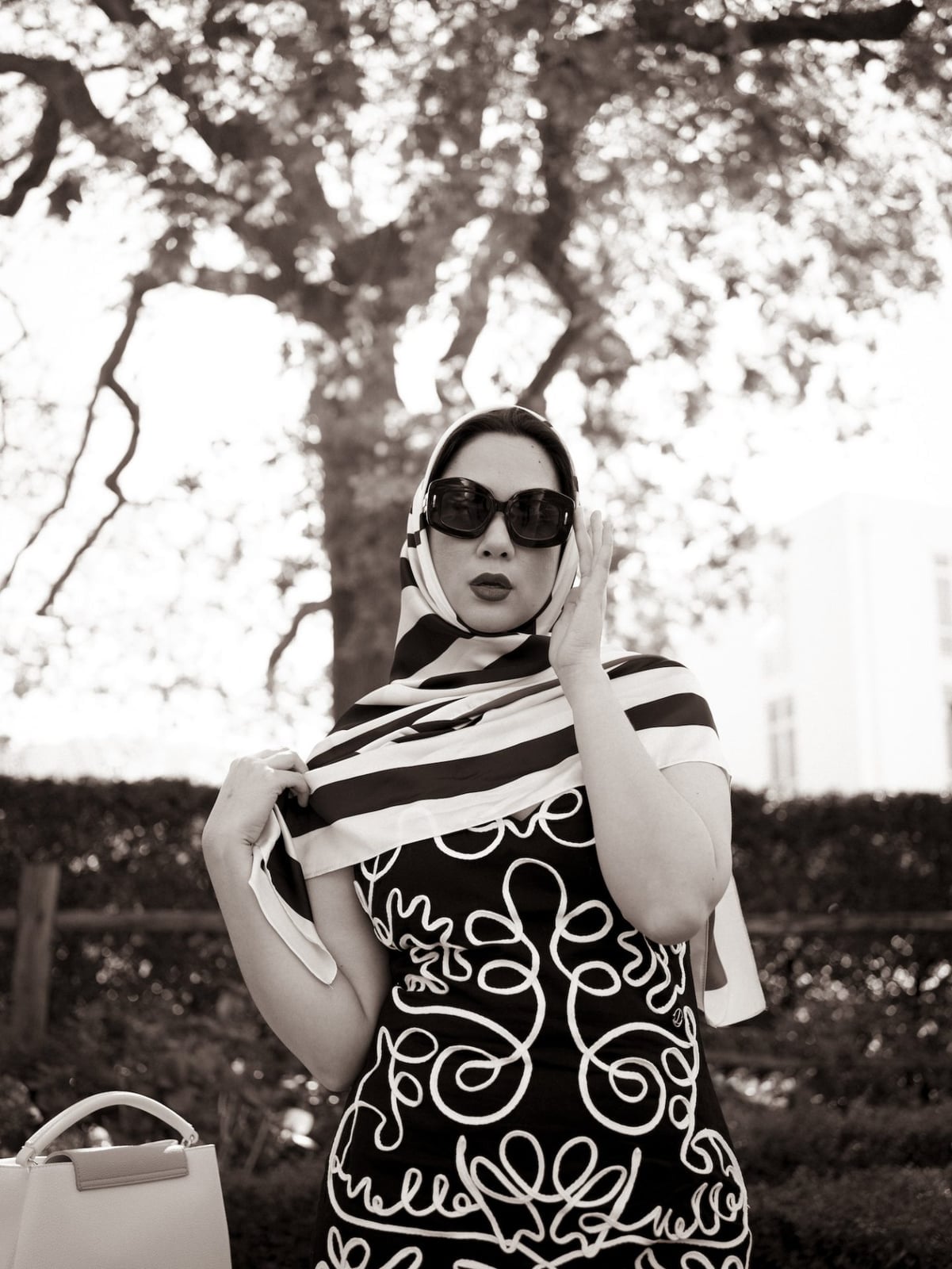 Fitted Black and White Swirl Print Midi Dress — Trendy Black and White Outfits