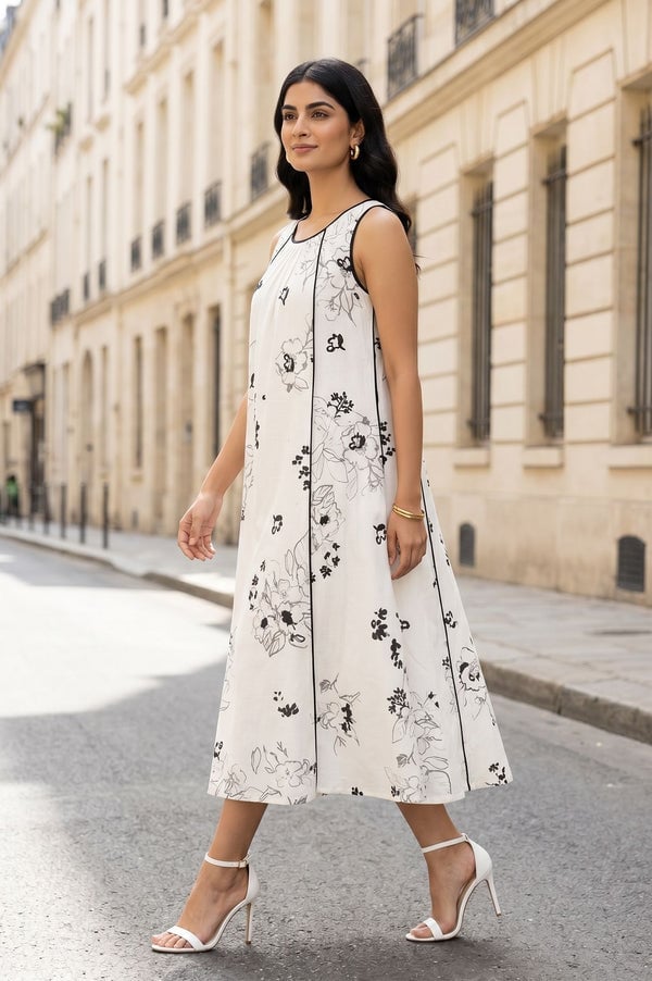White Floral Print Dress with Black Trim — Trendy Black and White Outfits