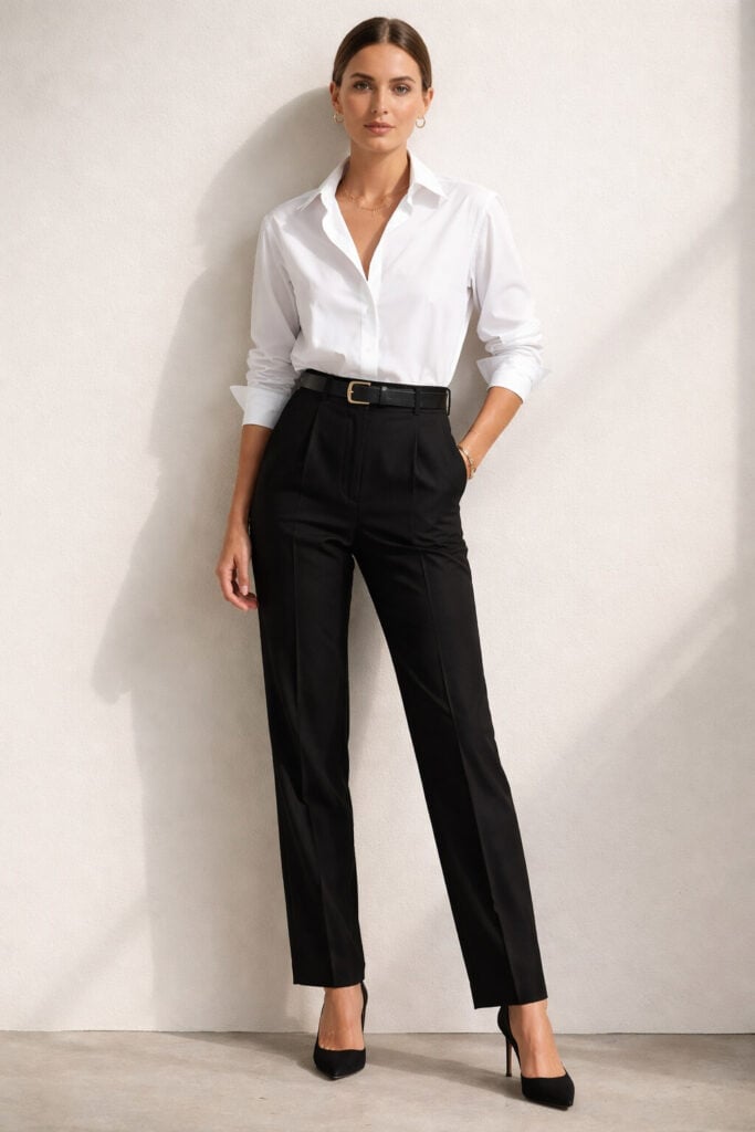White Button-Down Shirt with Black Tailored Trousers — Trendy Black and White Outfits
