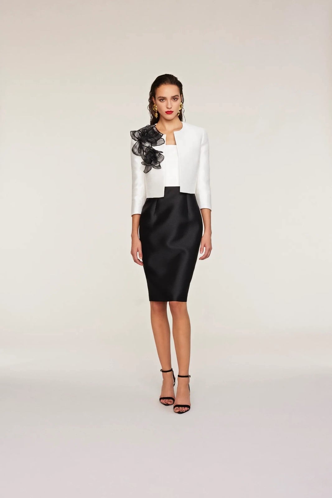 Black Pencil Skirt with White Floral Embellished Jacket — Trendy Black and White Outfits