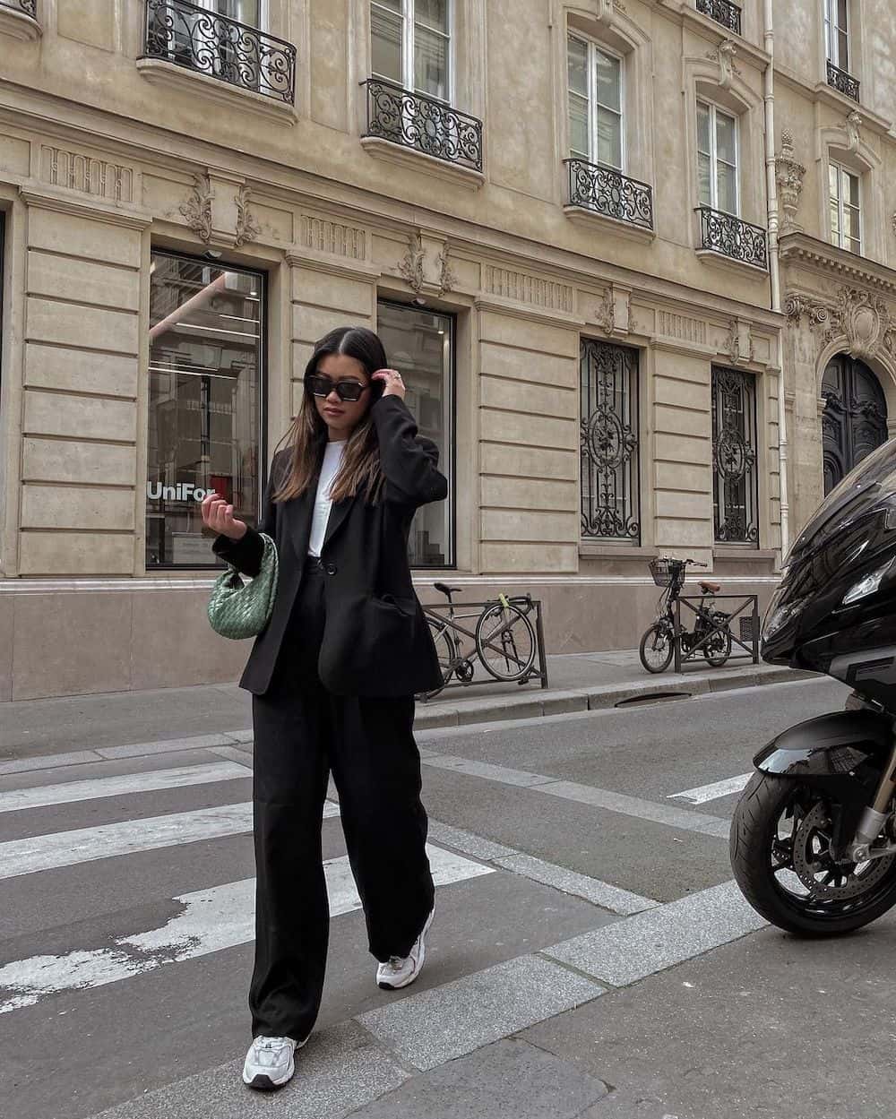 Oversized Black Blazer with White Tee and Wide-Leg Pants — Trendy Black and White Outfits
