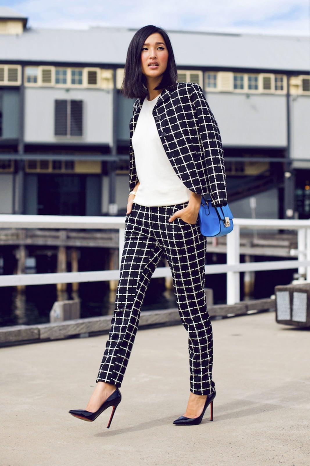 Black and White Checked Tweed Suit with White Tee and Fitted Blazer — Trendy Black and White Outfits