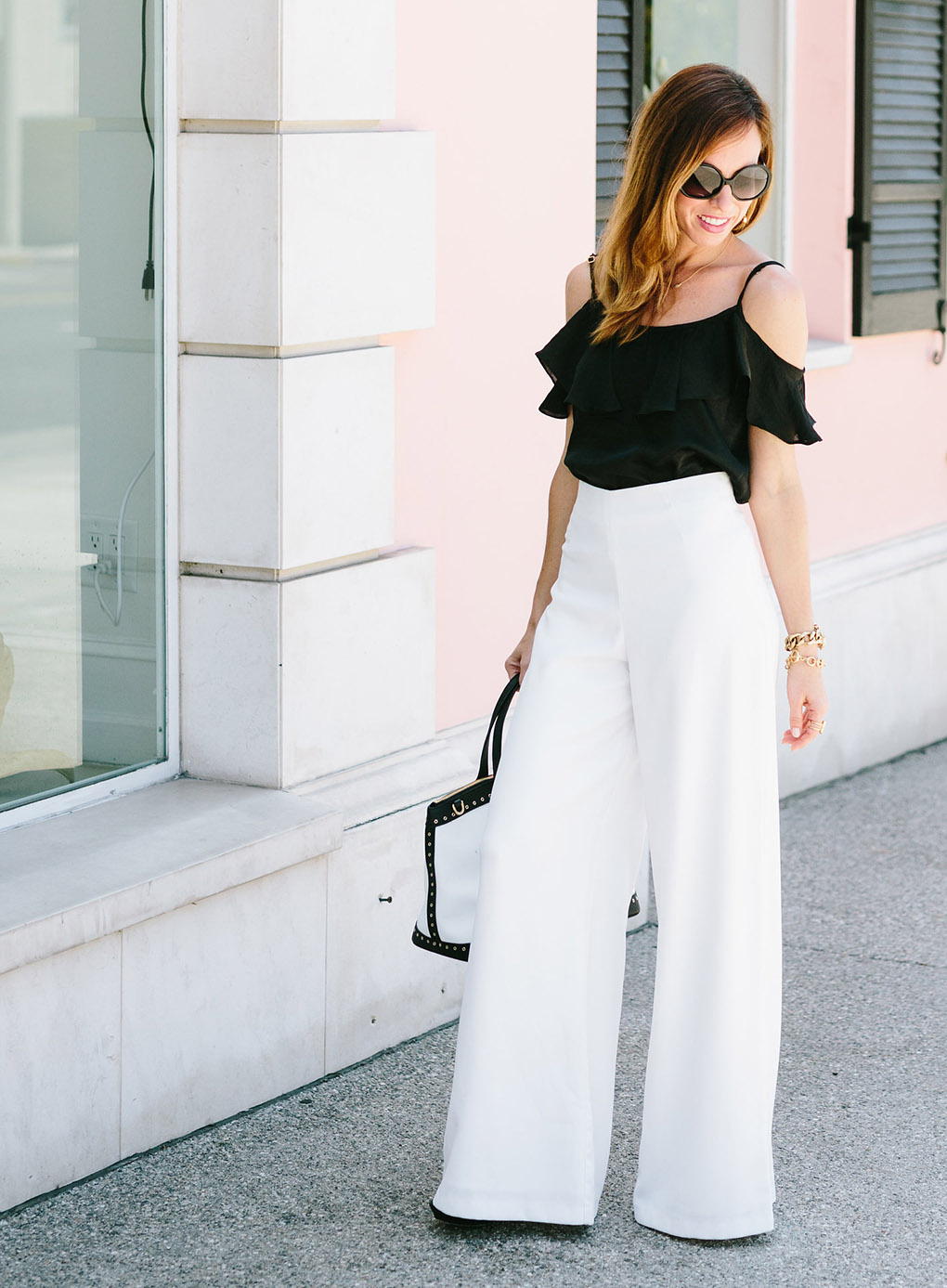 Black Cold-Shoulder Top with White Wide-Leg, Office-Safe Version — Trendy Black and White Outfits