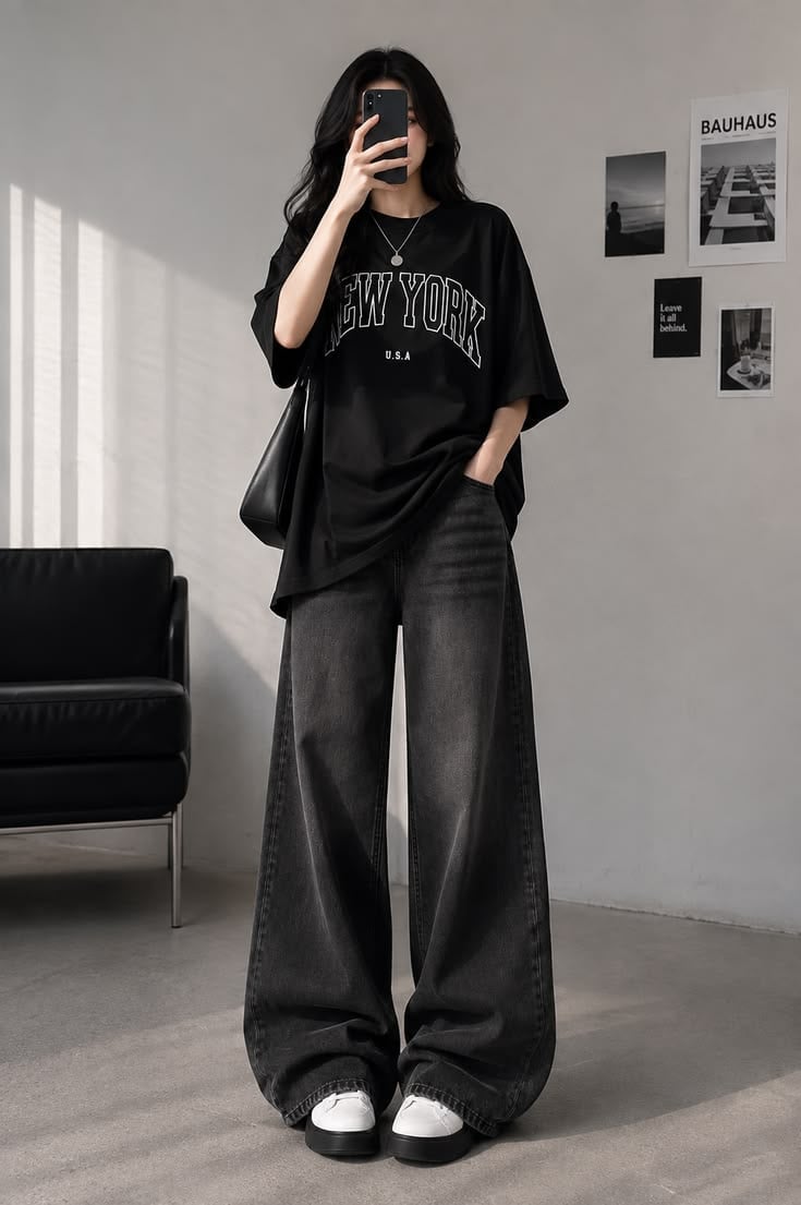 Extremely Wide Leg Jeans With Graphic Tee — Trendy Black Baggy Jeans Outfit