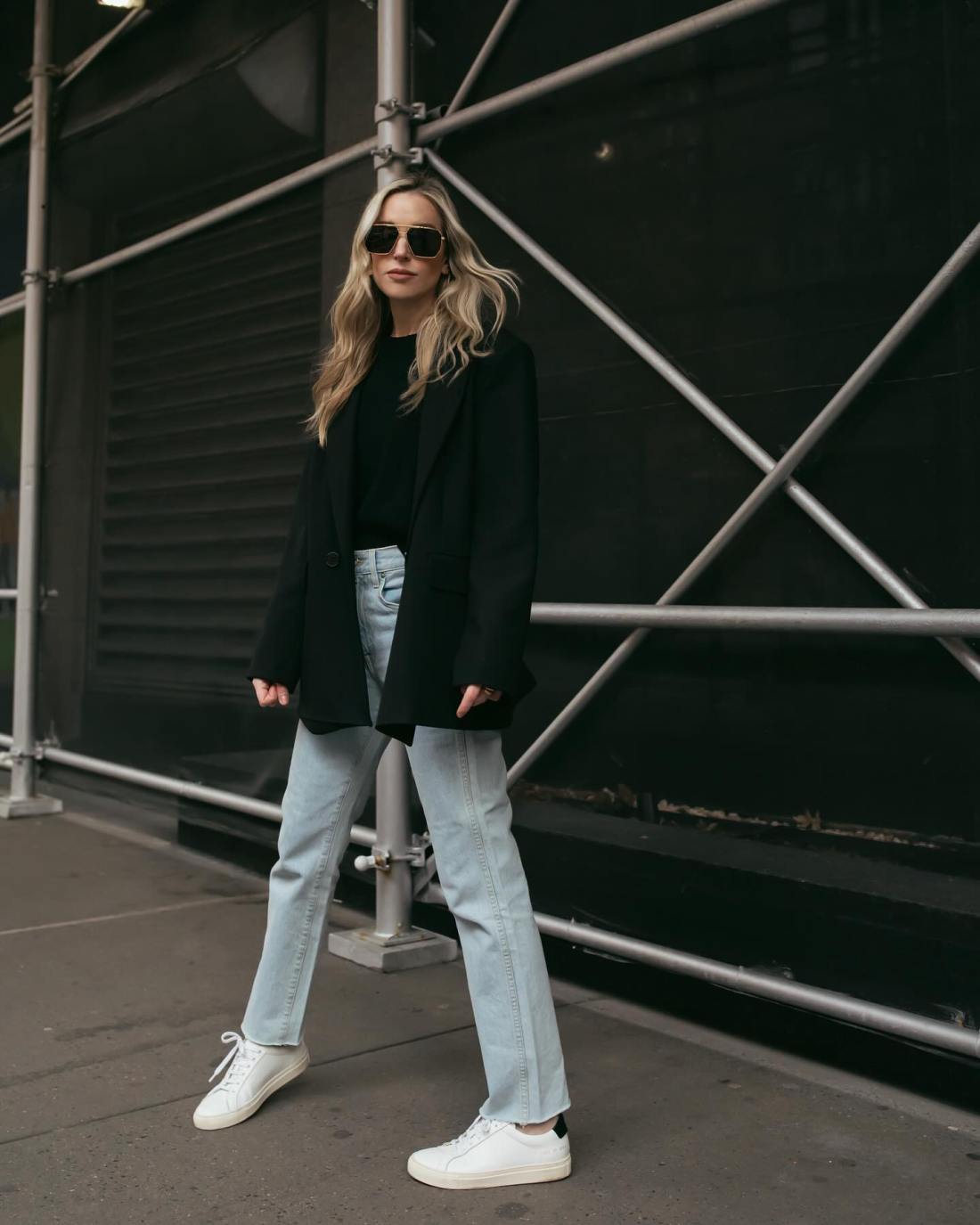 Oversized Black Blazer with Jeans and White Sneakers — Trendy Black Blazer Outfit